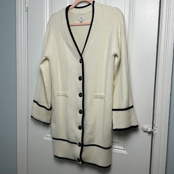 River Island Sweater Womens Small White Knit Cardigan Long Line Preppy - Picture 1 of 9